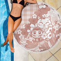 Beige Palaka Hawaiian And Japanese Beach Blanket Maneki Neko And Sakura Bloom