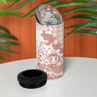 Beige Palaka Hawaiian And Japanese 4 in 1 Can Cooler Tumbler Maneki Neko And Sakura Bloom
