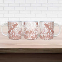 Beige Palaka Hawaiian And Japanese Ceramic Mug Maneki Neko And Sakura Bloom