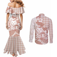 Beige Palaka Hawaiian And Japanese Couples Matching Mermaid Dress and Long Sleeve Button Shirt Maneki Neko And Sakura Bloom