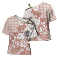 Beige Palaka Hawaiian And Japanese Cross Shoulder Shirt Maneki Neko And Sakura Bloom