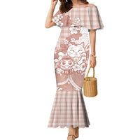 Beige Palaka Hawaiian And Japanese Family Matching Mermaid Dress and Hawaiian Shirt Maneki Neko And Sakura Bloom DT05 Mom's Dress Beige - Polynesian Pride