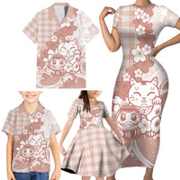 Beige Palaka Hawaiian And Japanese Family Matching Short Sleeve Bodycon Dress and Hawaiian Shirt Maneki Neko And Sakura Bloom DT05 - Polynesian Pride