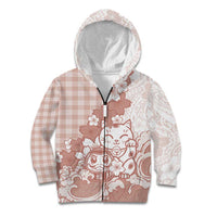 Beige Palaka Hawaiian And Japanese Kid Hoodie Maneki Neko And Sakura Bloom