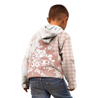 Beige Palaka Hawaiian And Japanese Kid Hoodie Maneki Neko And Sakura Bloom