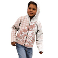 Beige Palaka Hawaiian And Japanese Kid Hoodie Maneki Neko And Sakura Bloom