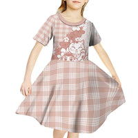 Beige Palaka Hawaiian And Japanese Kid Short Sleeve Dress Maneki Neko And Sakura Bloom