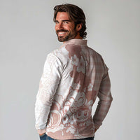 Beige Palaka Hawaiian And Japanese Long Sleeve Polo Shirt Maneki Neko And Sakura Bloom