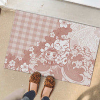 Beige Palaka Hawaiian And Japanese Rubber Doormat Maneki Neko And Sakura Bloom