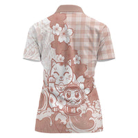 Beige Palaka Hawaiian And Japanese Women Polo Shirt Maneki Neko And Sakura Bloom