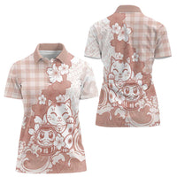 Beige Palaka Hawaiian And Japanese Women Polo Shirt Maneki Neko And Sakura Bloom
