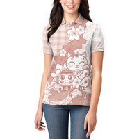 Beige Palaka Hawaiian And Japanese Women Polo Shirt Maneki Neko And Sakura Bloom