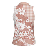 Beige Palaka Hawaiian And Japanese Women Sleeveless Polo Shirt Maneki Neko And Sakura Bloom