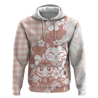 Beige Palaka Hawaiian And Japanese Zip Hoodie Maneki Neko And Sakura Bloom
