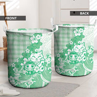 Green Palaka Hawaiian And Japanese Laundry Basket Maneki Neko And Sakura Bloom