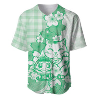Green Palaka Hawaiian And Japanese Baseball Jersey Maneki Neko And Sakura Bloom