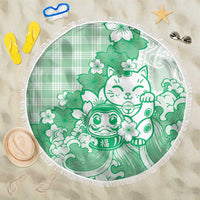 Green Palaka Hawaiian And Japanese Beach Blanket Maneki Neko And Sakura Bloom