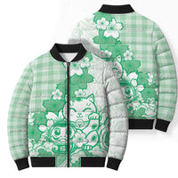 Green Palaka Hawaiian And Japanese Bomber Puffer Jacket Maneki Neko And Sakura Bloom