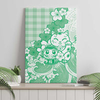 Green Palaka Hawaiian And Japanese Canvas Wall Art Maneki Neko And Sakura Bloom