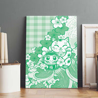Green Palaka Hawaiian And Japanese Canvas Wall Art Maneki Neko And Sakura Bloom