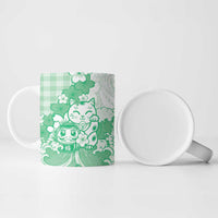 Green Palaka Hawaiian And Japanese Ceramic Mug Maneki Neko And Sakura Bloom