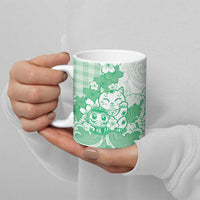 Green Palaka Hawaiian And Japanese Ceramic Mug Maneki Neko And Sakura Bloom