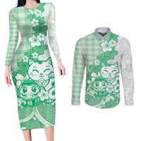 Green Palaka Hawaiian And Japanese Couples Matching Long Sleeve Bodycon Dress and Long Sleeve Button Shirt Maneki Neko And Sakura Bloom