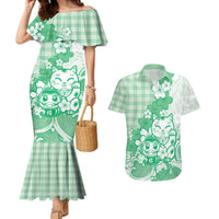 Green Palaka Hawaiian And Japanese Couples Matching Mermaid Dress and Hawaiian Shirt Maneki Neko And Sakura Bloom DT05 Green - Polynesian Pride