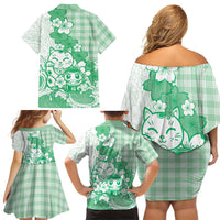 Green Palaka Hawaiian And Japanese Family Matching Off Shoulder Short Dress and Hawaiian Shirt Maneki Neko And Sakura Bloom DT05 - Polynesian Pride