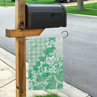 Green Palaka Hawaiian And Japanese Garden Flag Maneki Neko And Sakura Bloom