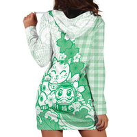 Green Palaka Hawaiian And Japanese Hoodie Dress Maneki Neko And Sakura Bloom