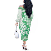 Green Palaka Hawaiian And Japanese Off The Shoulder Long Sleeve Dress Maneki Neko And Sakura Bloom