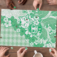 Green Palaka Hawaiian And Japanese Puzzle Maneki Neko And Sakura Bloom