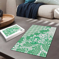 Green Palaka Hawaiian And Japanese Puzzle Maneki Neko And Sakura Bloom