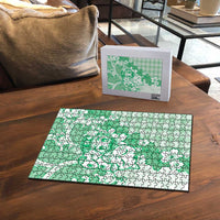 Green Palaka Hawaiian And Japanese Puzzle Maneki Neko And Sakura Bloom