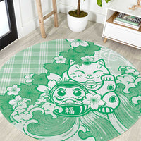 Green Palaka Hawaiian And Japanese Round Carpet Maneki Neko And Sakura Bloom