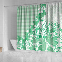 Green Palaka Hawaiian And Japanese Shower Curtain Maneki Neko And Sakura Bloom