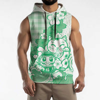 Green Palaka Hawaiian And Japanese Sleeveless Hoodie Maneki Neko And Sakura Bloom