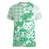 Green Palaka Hawaiian And Japanese Women V-Neck T-Shirt Maneki Neko And Sakura Bloom