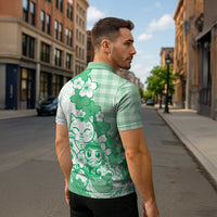 Green Palaka Hawaiian And Japanese Zipper Polo Shirt Maneki Neko And Sakura Bloom