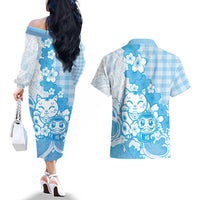 Blue Palaka Hawaiian And Japanese Couples Matching Off The Shoulder Long Sleeve Dress and Hawaiian Shirt Maneki Neko And Sakura Bloom DT05 - Polynesian Pride