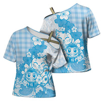 Blue Palaka Hawaiian And Japanese Cross Shoulder Shirt Maneki Neko And Sakura Bloom