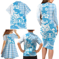 Blue Palaka Hawaiian And Japanese Family Matching Long Sleeve Bodycon Dress and Hawaiian Shirt Maneki Neko And Sakura Bloom DT05 - Polynesian Pride