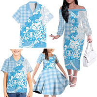 Blue Palaka Hawaiian And Japanese Family Matching Off The Shoulder Long Sleeve Dress and Hawaiian Shirt Maneki Neko And Sakura Bloom DT05 - Polynesian Pride