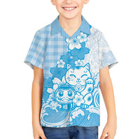 Blue Palaka Hawaiian And Japanese Family Matching Off Shoulder Maxi Dress and Hawaiian Shirt Maneki Neko And Sakura Bloom DT05 Son's Shirt Blue - Polynesian Pride