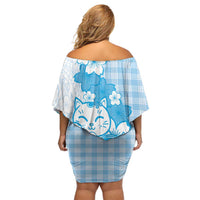 Blue Palaka Hawaiian And Japanese Family Matching Off Shoulder Short Dress and Hawaiian Shirt Maneki Neko And Sakura Bloom DT05 - Polynesian Pride