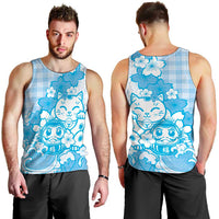 Blue Palaka Hawaiian And Japanese Men Tank Top Maneki Neko And Sakura Bloom
