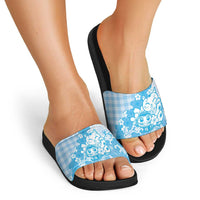 Blue Palaka Hawaiian And Japanese Slide Sandals Maneki Neko And Sakura Bloom