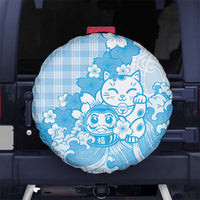 Blue Palaka Hawaiian And Japanese Spare Tire Cover Maneki Neko And Sakura Bloom