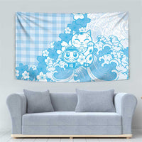 Blue Palaka Hawaiian And Japanese Tapestry Maneki Neko And Sakura Bloom